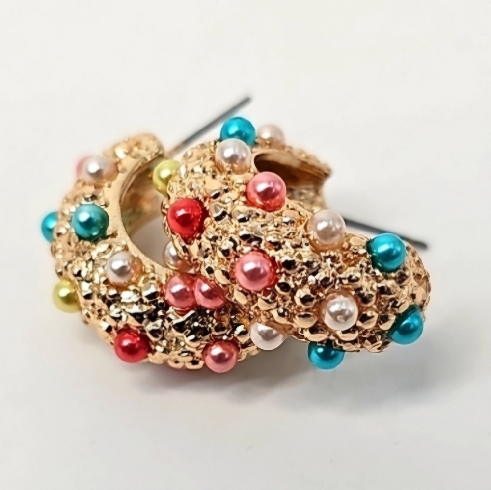 International Inspiration Earrings Chunky Textured Gold Based  w Colored‎ Pearls